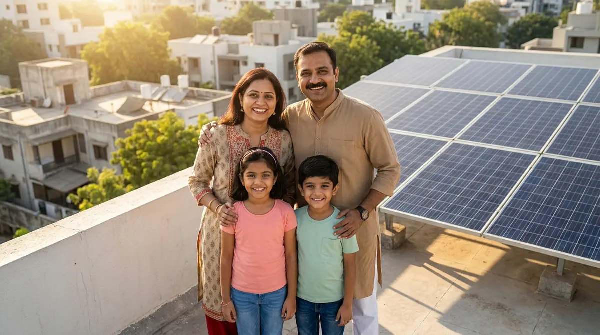 An Enersol consultant explaining the solar plan to a happy Indian family at home