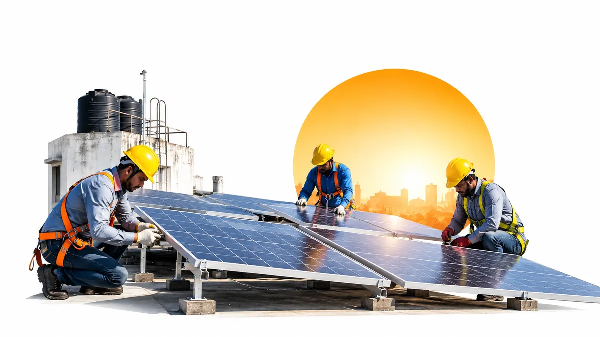 Powering 500 Homes with Shared Solar - Housing Society solar project case study (500 kW) Technicians installing shared rooftop solar for a housing society, housing society solar services in Gujarat