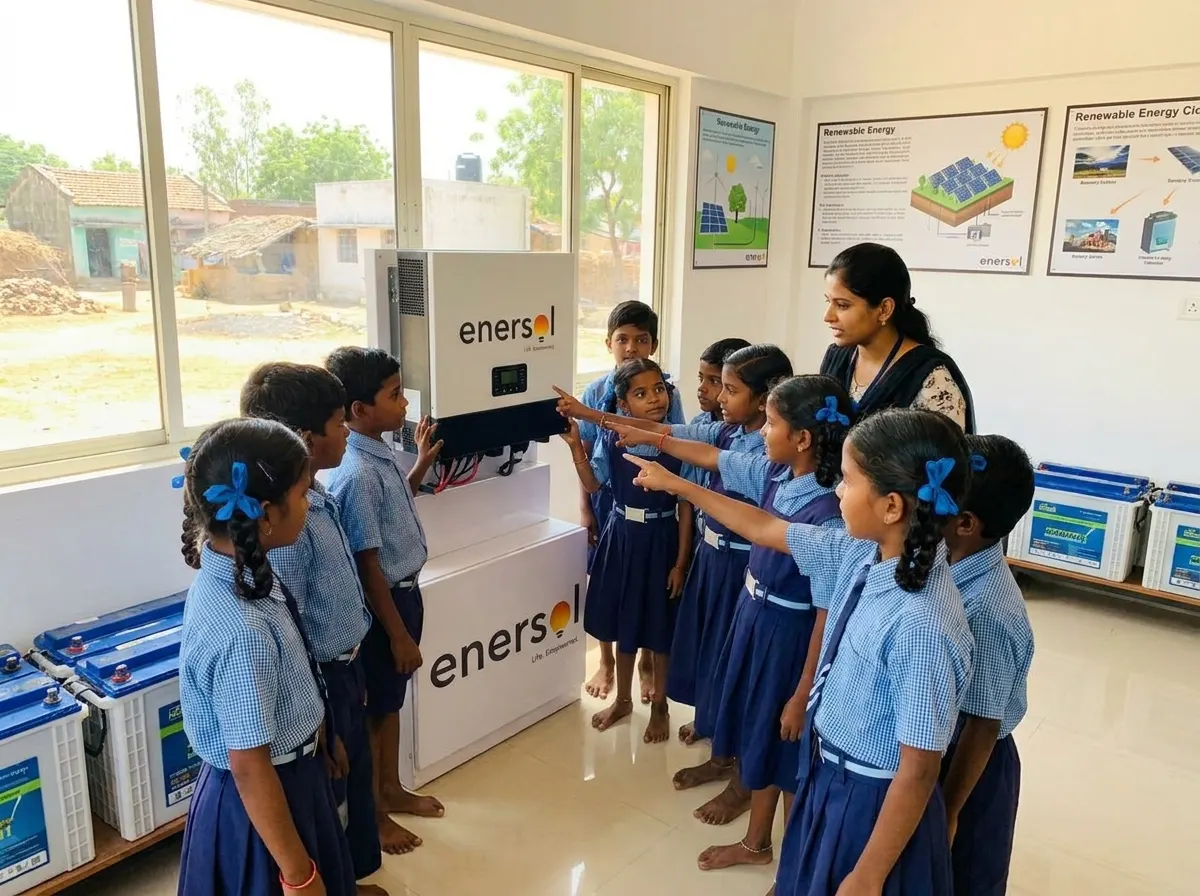An Enersol engineer explaining the solar inverter to curious school children
